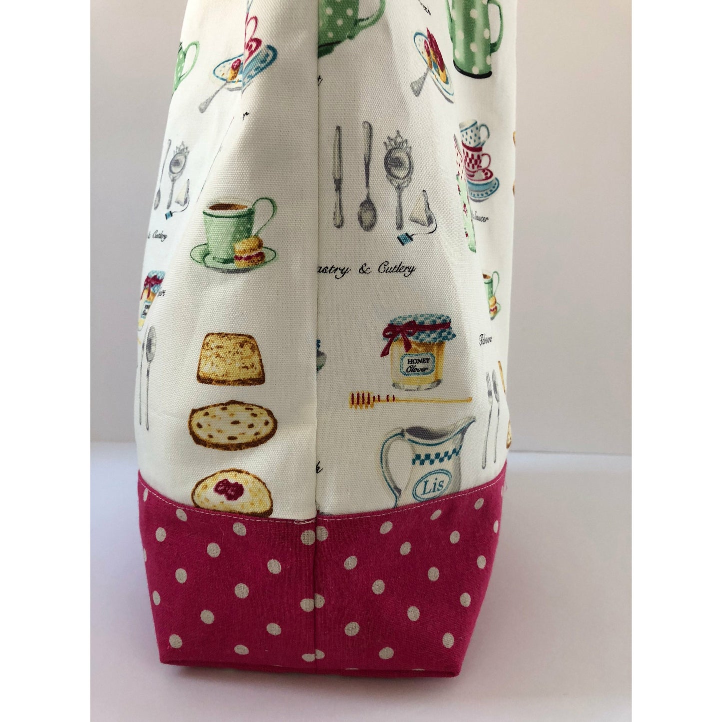 Roomy, European food print tote bag with hot pink shoulder straps and polka dot square bottom-THE RUTHIE