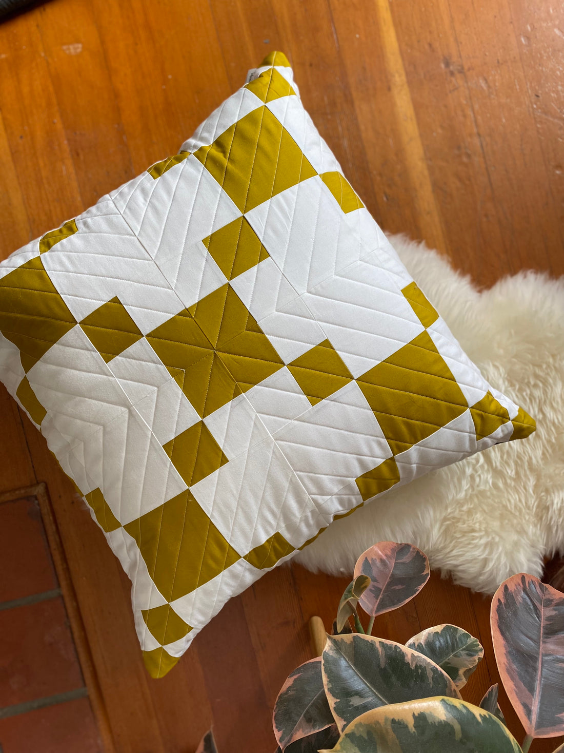 gold and white patchwork zippered pillow cover- Blooming Poppies