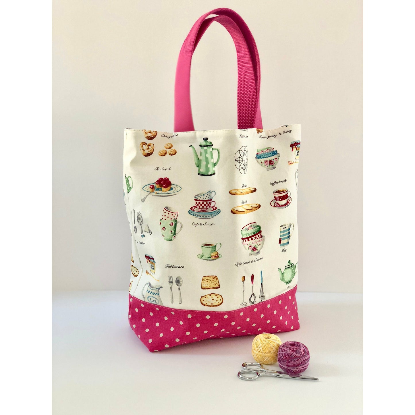 Roomy, European food print tote bag with hot pink shoulder straps and polka dot square bottom-THE RUTHIE
