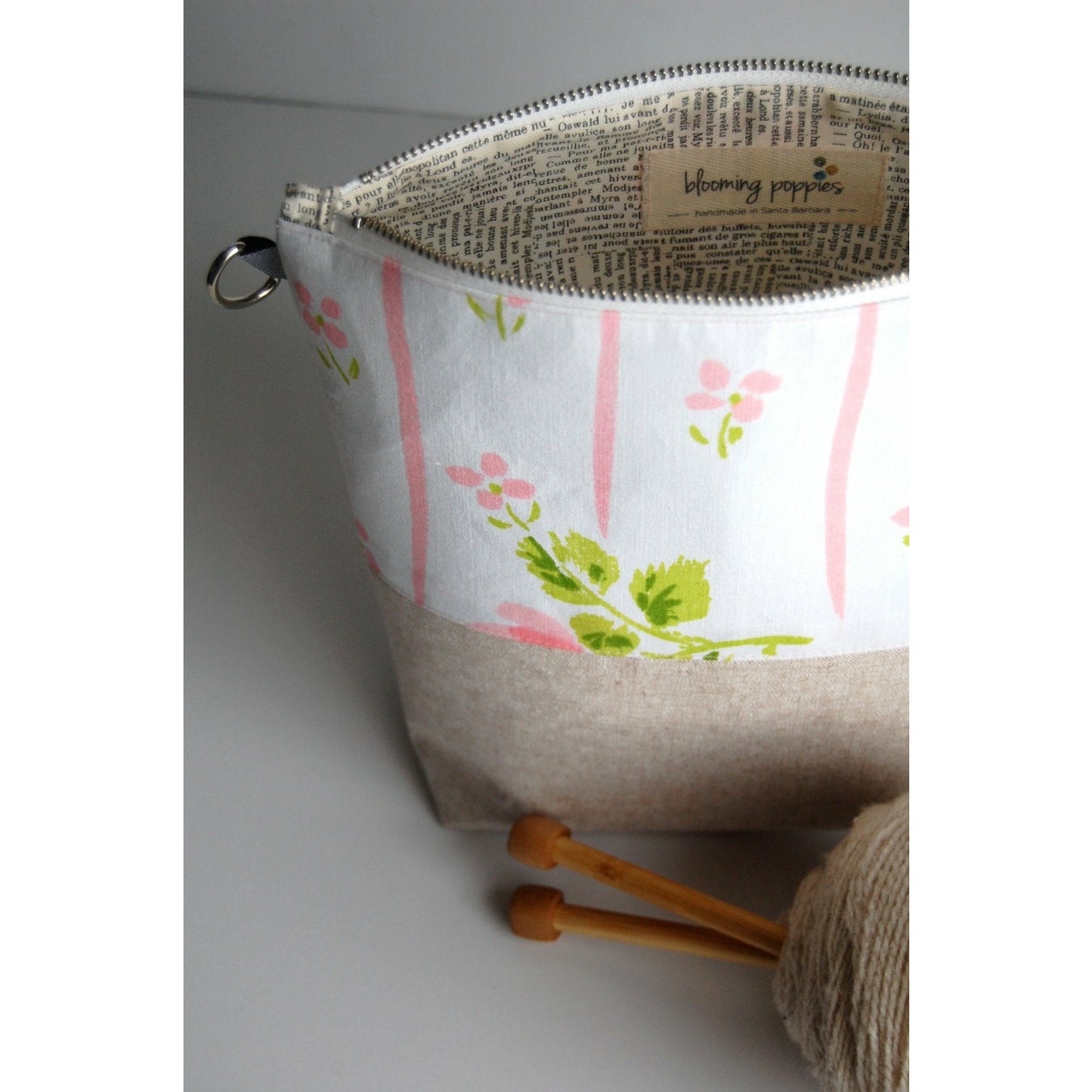 Project Bag, Knitting Bag, Medium Size Vintage and Linen, Spring Inspired Bag with YKK Metal Zipper- THE LORETTA